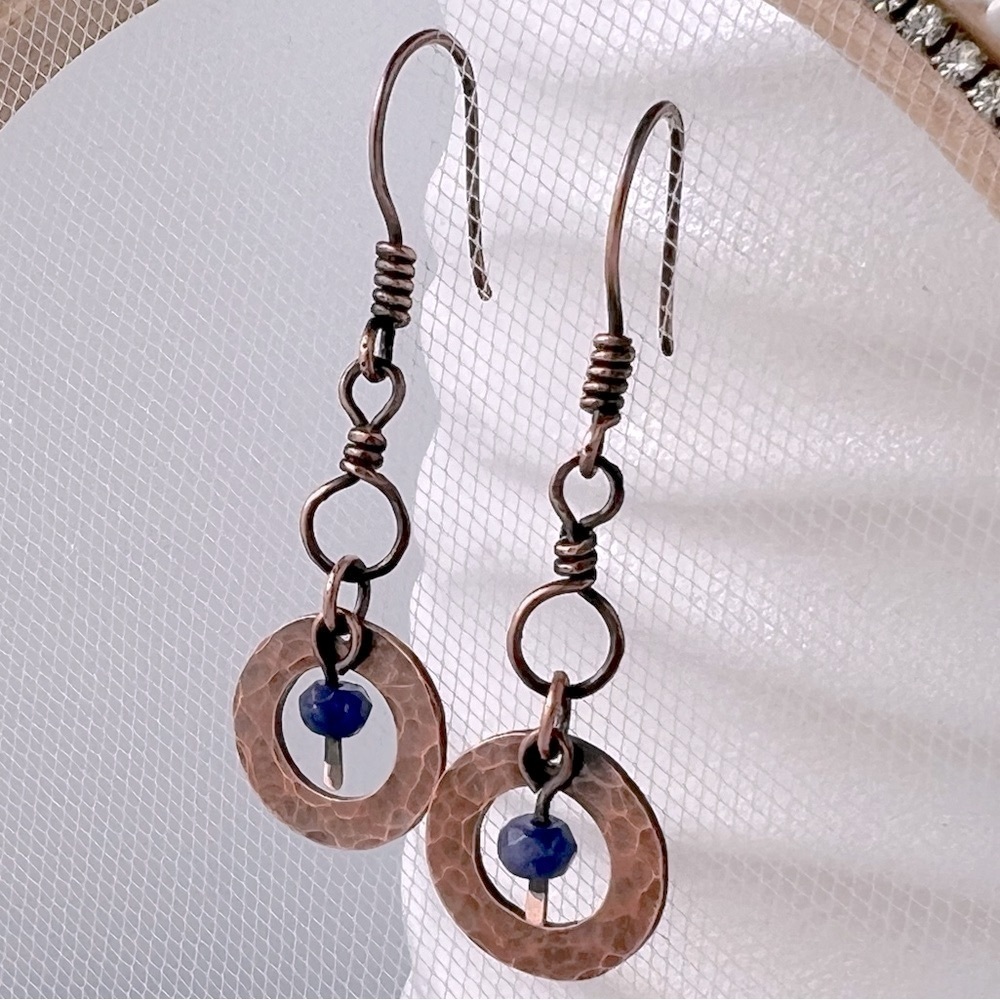 Artisan Hammered Copper Dangle Earrings with Jade Accent Beads